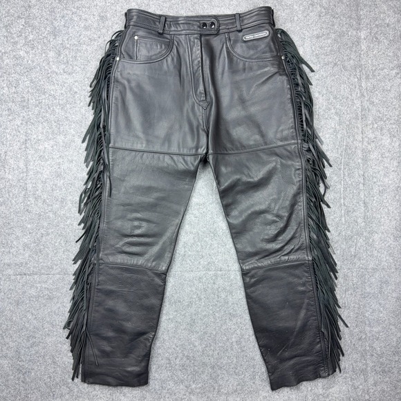 Harley-Davidson Pants - VTG Harley Davidson Leather Pants Womens 16 Black Motorcycle Biker Fringe 80s